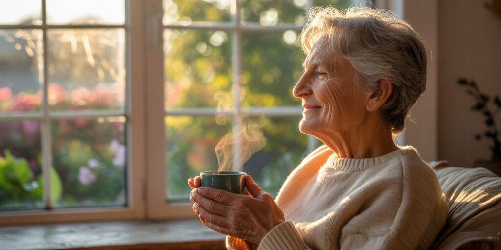 Older adult enjoying morning light by a bright window with a mug