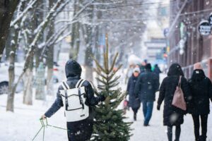 snowy street filled with people walking
