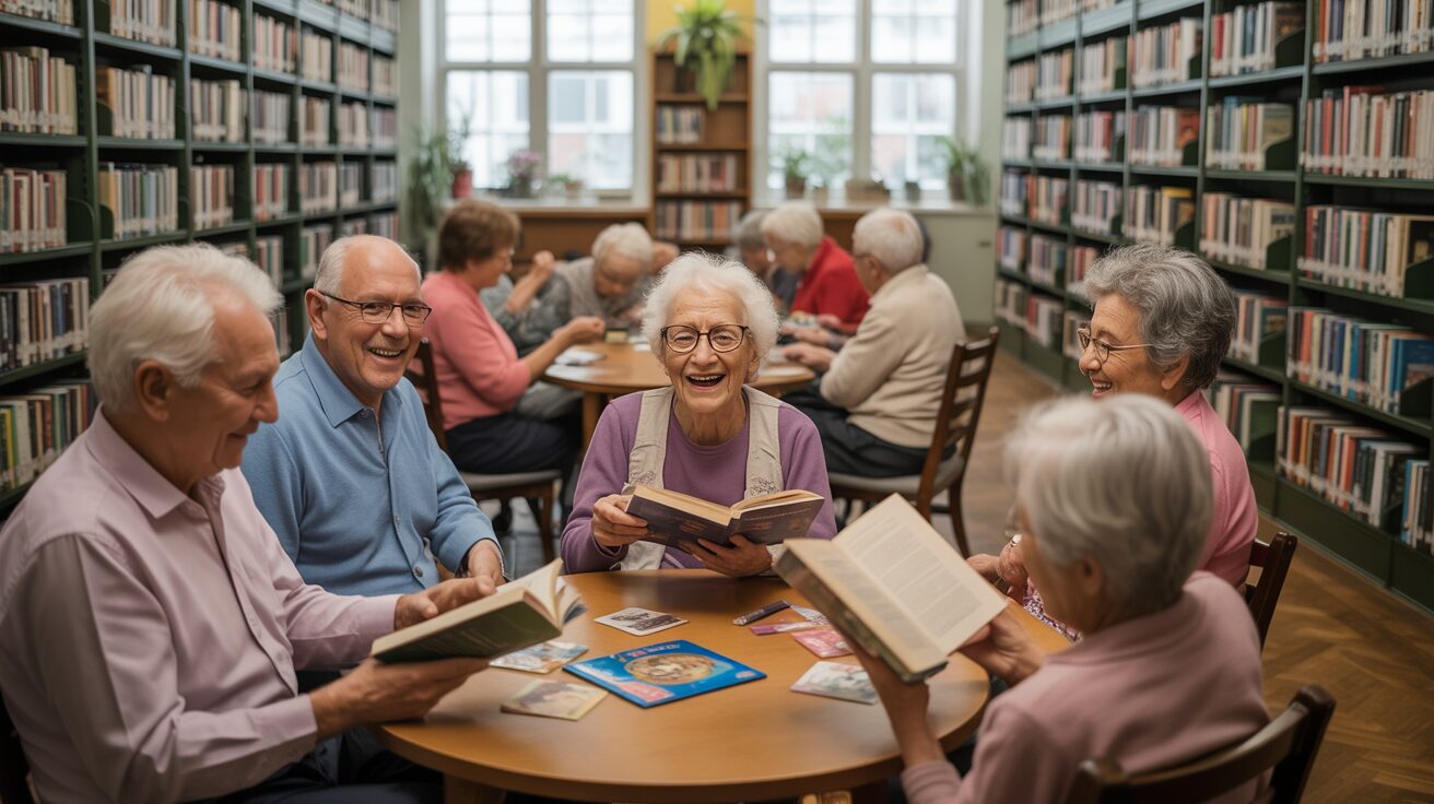Older adults chatting around a library workshop table.