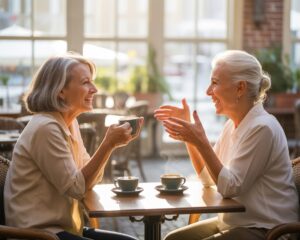 Two older adults chatting over coffee at a café