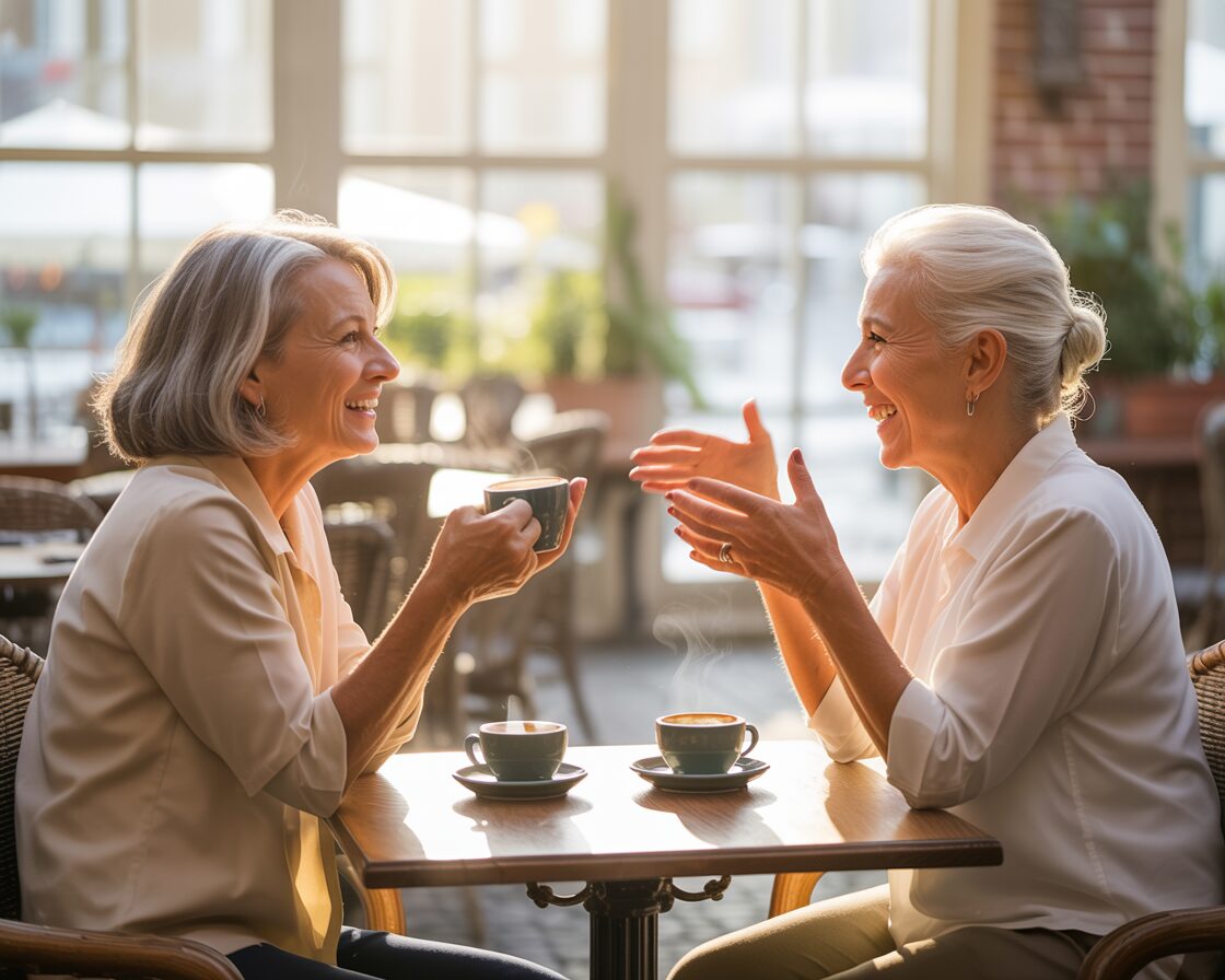 Two older adults chatting over coffee at a café